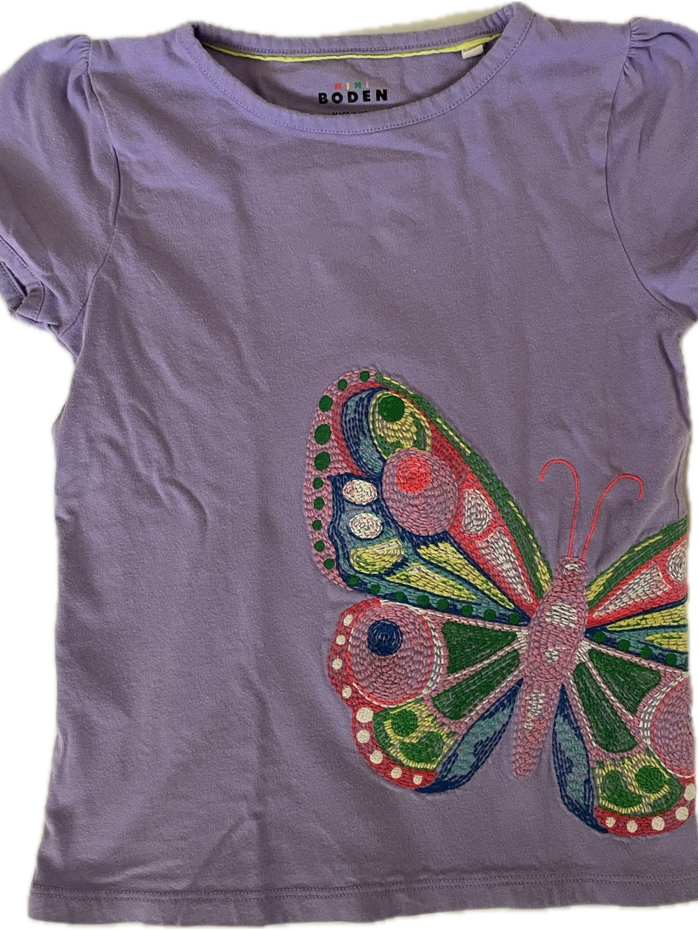 Mini Boden Lilac Tee with Colorful Embroidered Butterfly